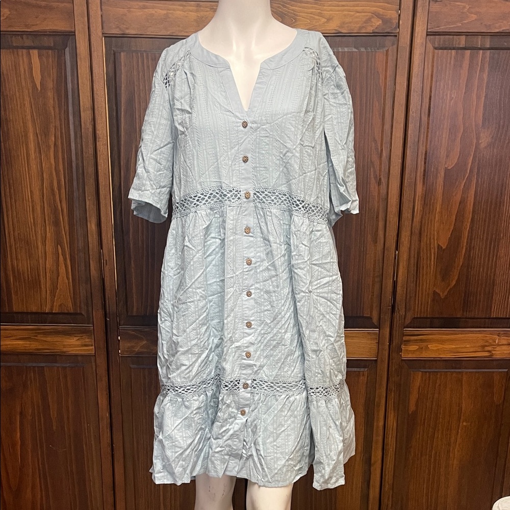 Light Blue Button-Front Cotton Midi Dress fully lined Sz XXL